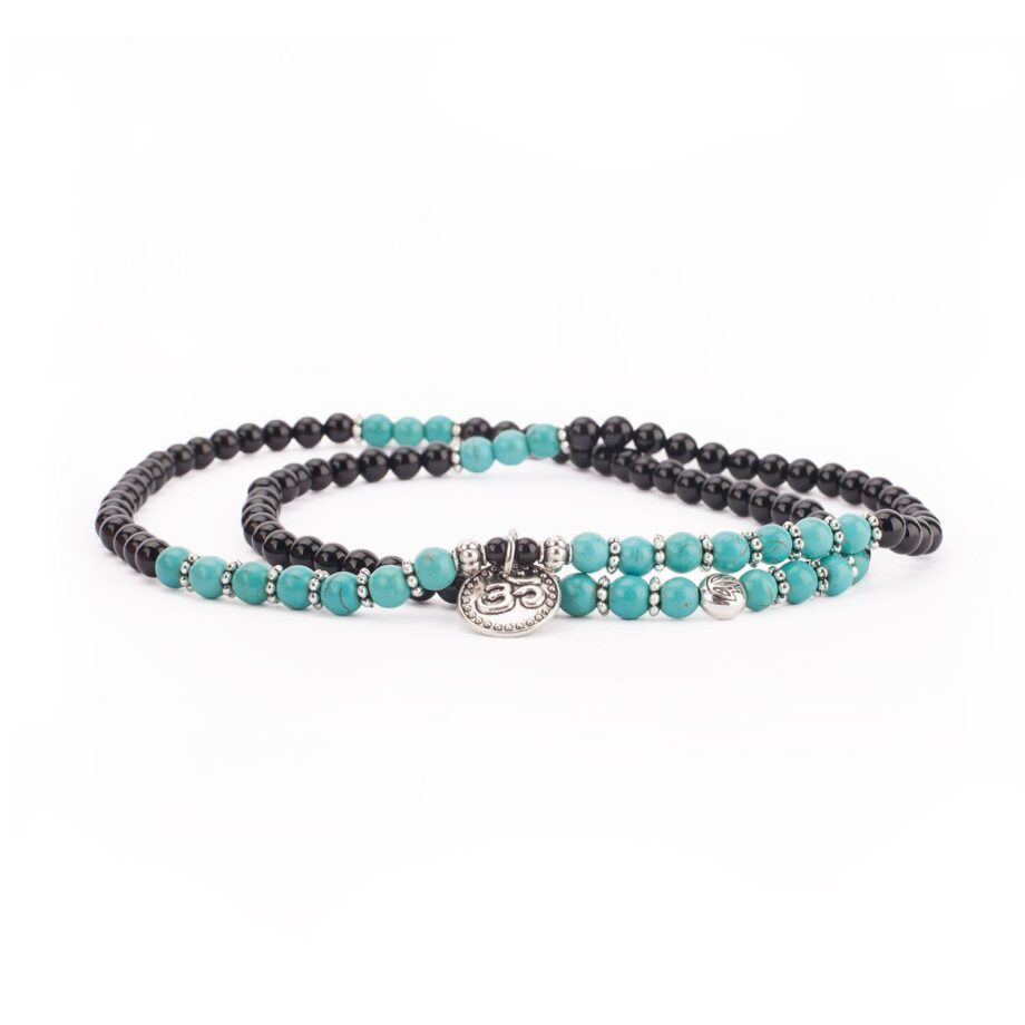 bracelet mala long turquoise agate noir