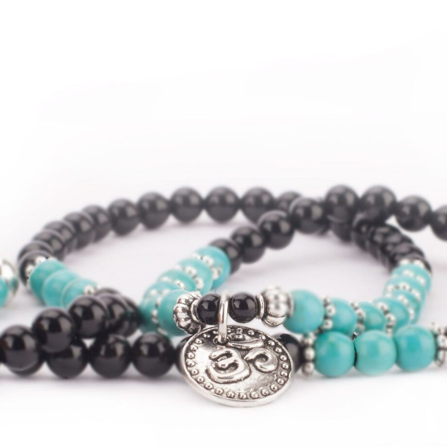 bracelet mala long turquoise agate noir