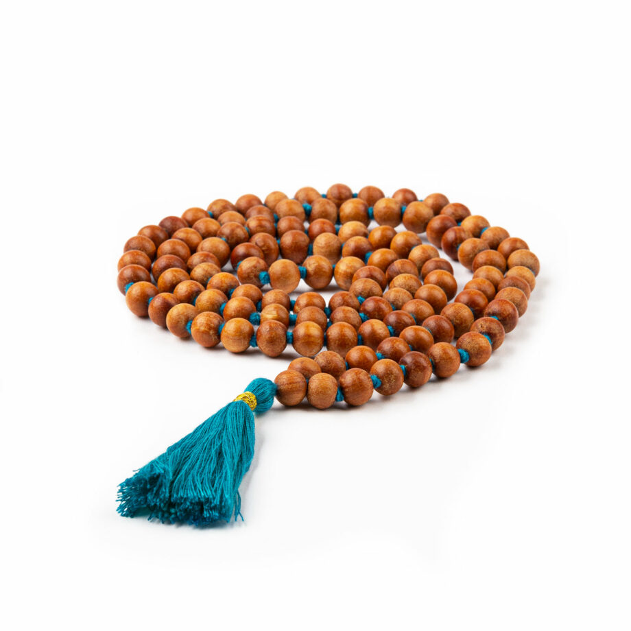 collier mala parfum bois de santal pompon turquoise