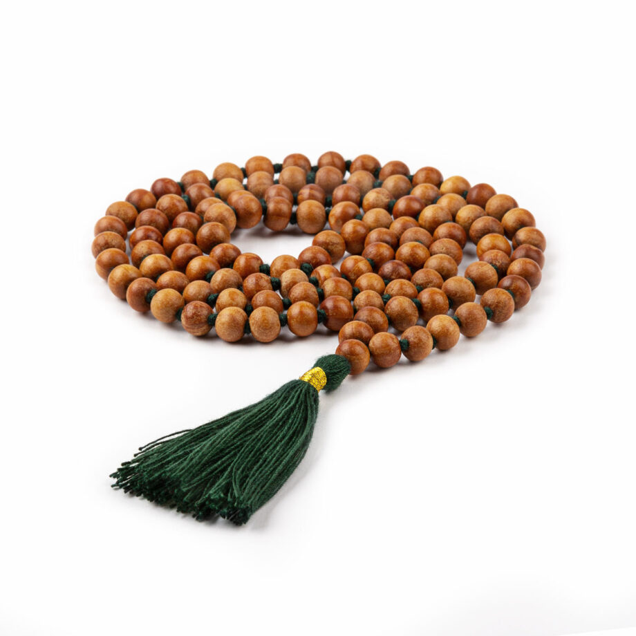 collier mala parfum bois de santal pompon vert