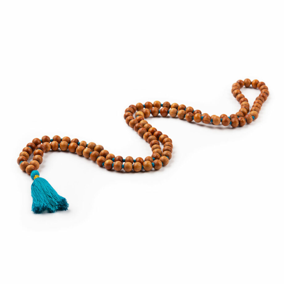 collier mala parfum bois de santal pompon turquoise