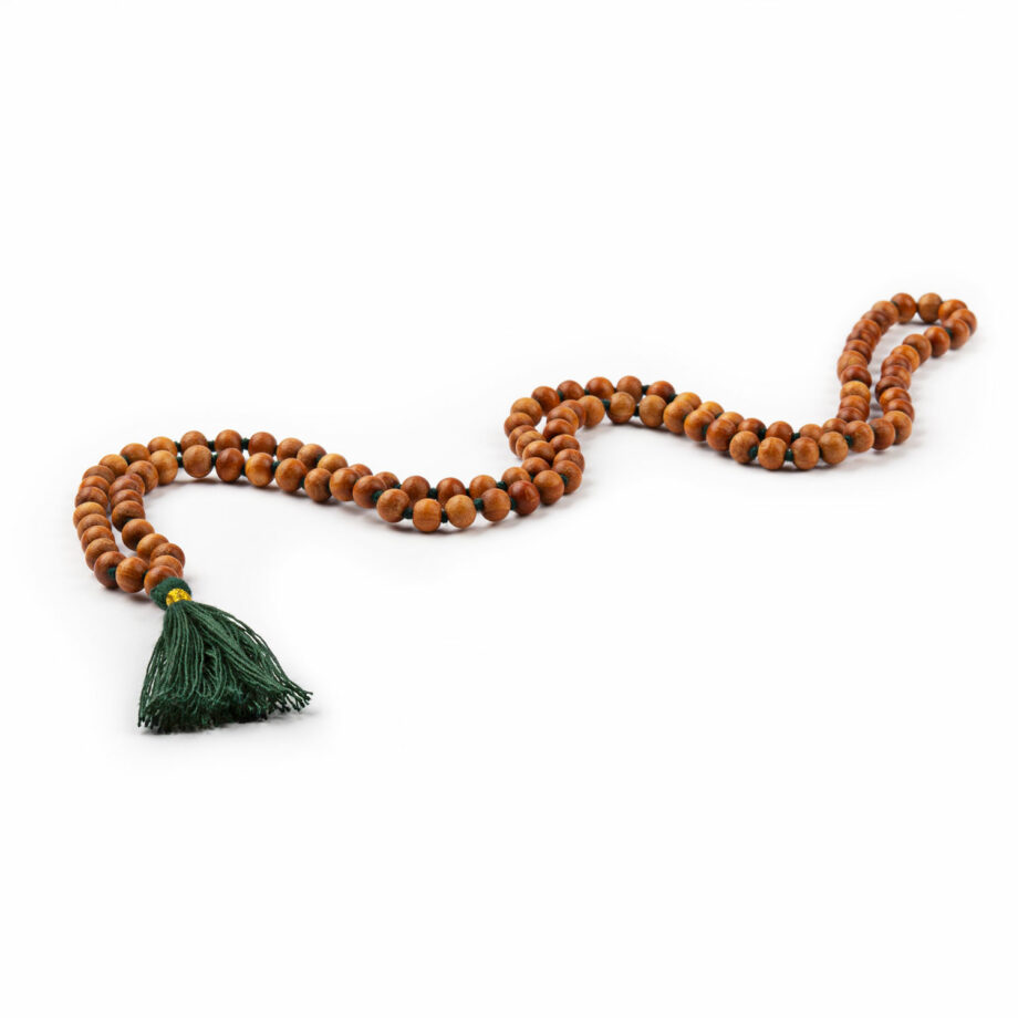 collier mala parfum bois de santal pompon vert