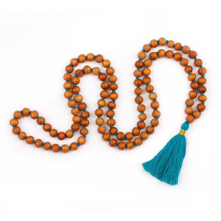 collier mala parfum bois de santal pompon turquoise