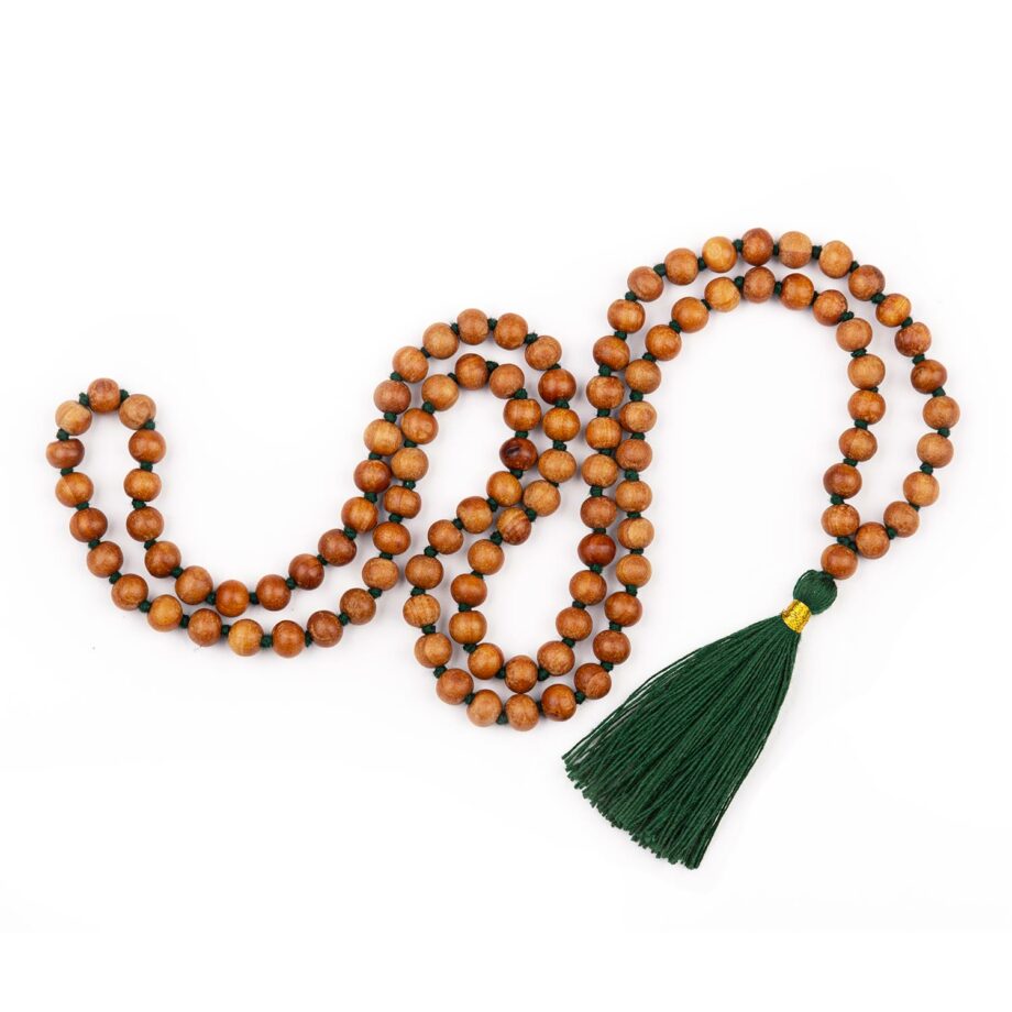 collier mala parfum bois de santal pompon vert